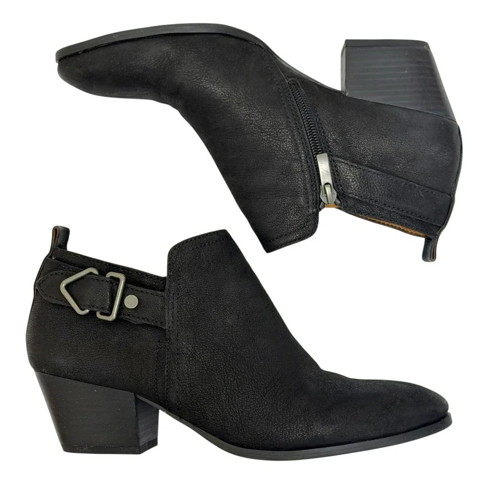 Franco Sarto Women's 8.5 W Black Leather Garfield Western Booties Side Buckle